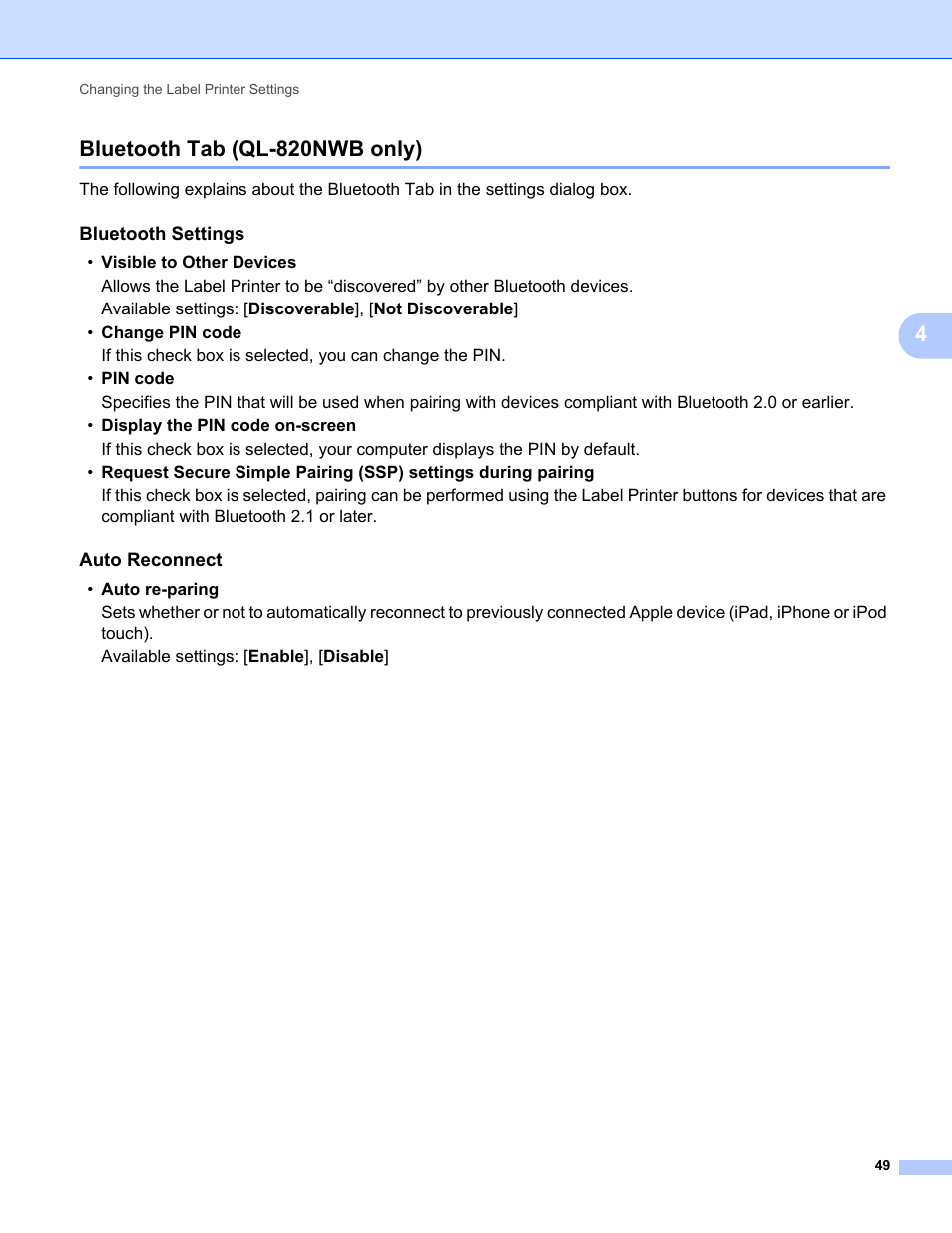 Bluetooth tab (ql-820nwb only), 4bluetooth tab (ql-820nwb only) | Brother QL-810W Ultra-Fast Label Printer with Wireless Networking User Manual | Page 59 / 214