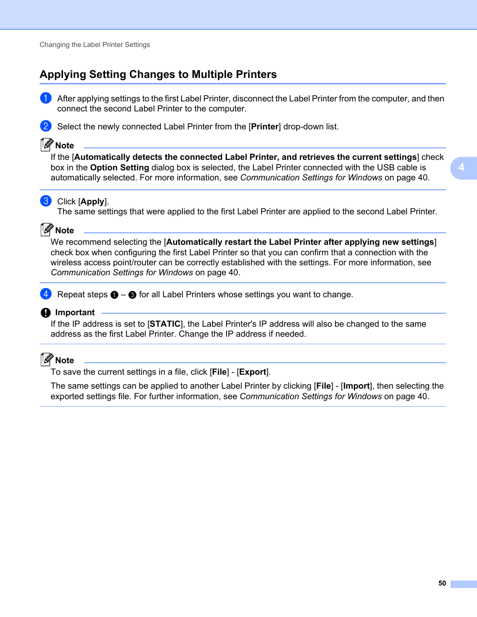 Applying setting changes to multiple printers, Ion, see, 4applying setting changes to multiple printers | Brother QL-810W Ultra-Fast Label Printer with Wireless Networking User Manual | Page 60 / 214