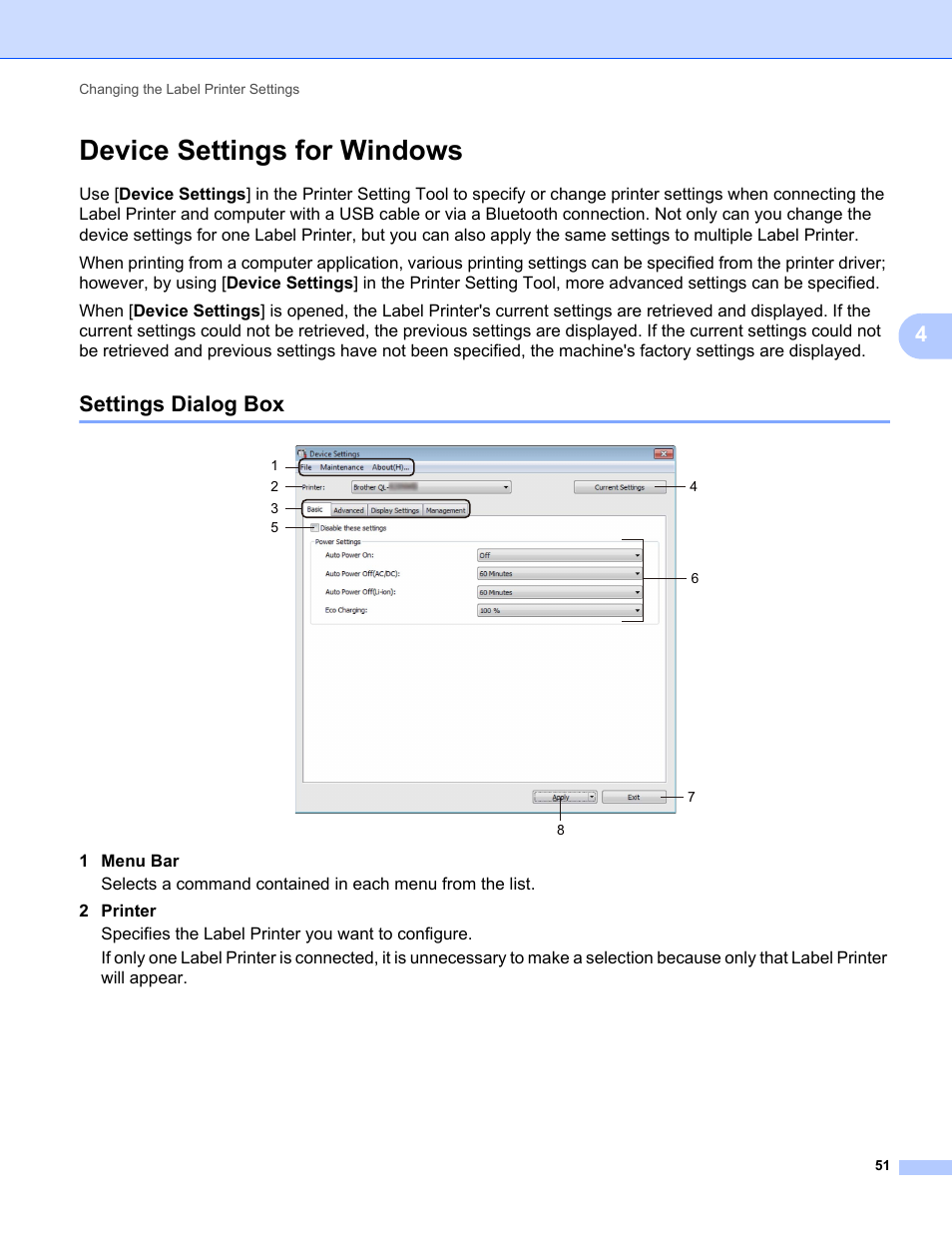 Device settings for windows, Settings dialog box | Brother QL-810W Ultra-Fast Label Printer with Wireless Networking User Manual | Page 61 / 214