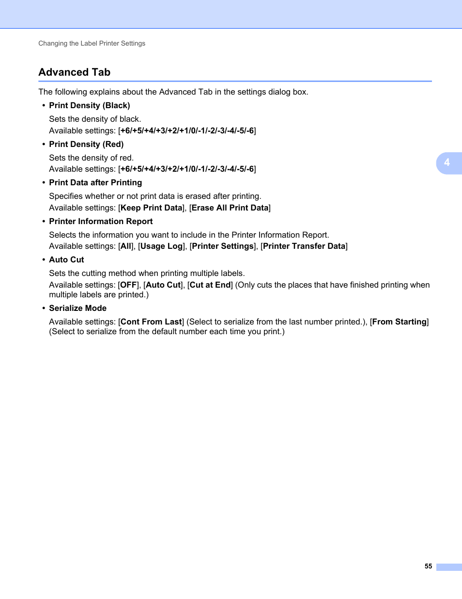 Advanced tab, 4advanced tab | Brother QL-810W Ultra-Fast Label Printer with Wireless Networking User Manual | Page 65 / 214