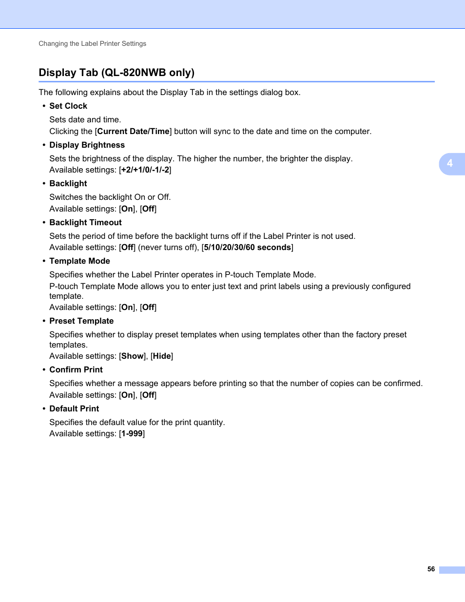 Display tab (ql-820nwb only), 4display tab (ql-820nwb only) | Brother QL-810W Ultra-Fast Label Printer with Wireless Networking User Manual | Page 66 / 214