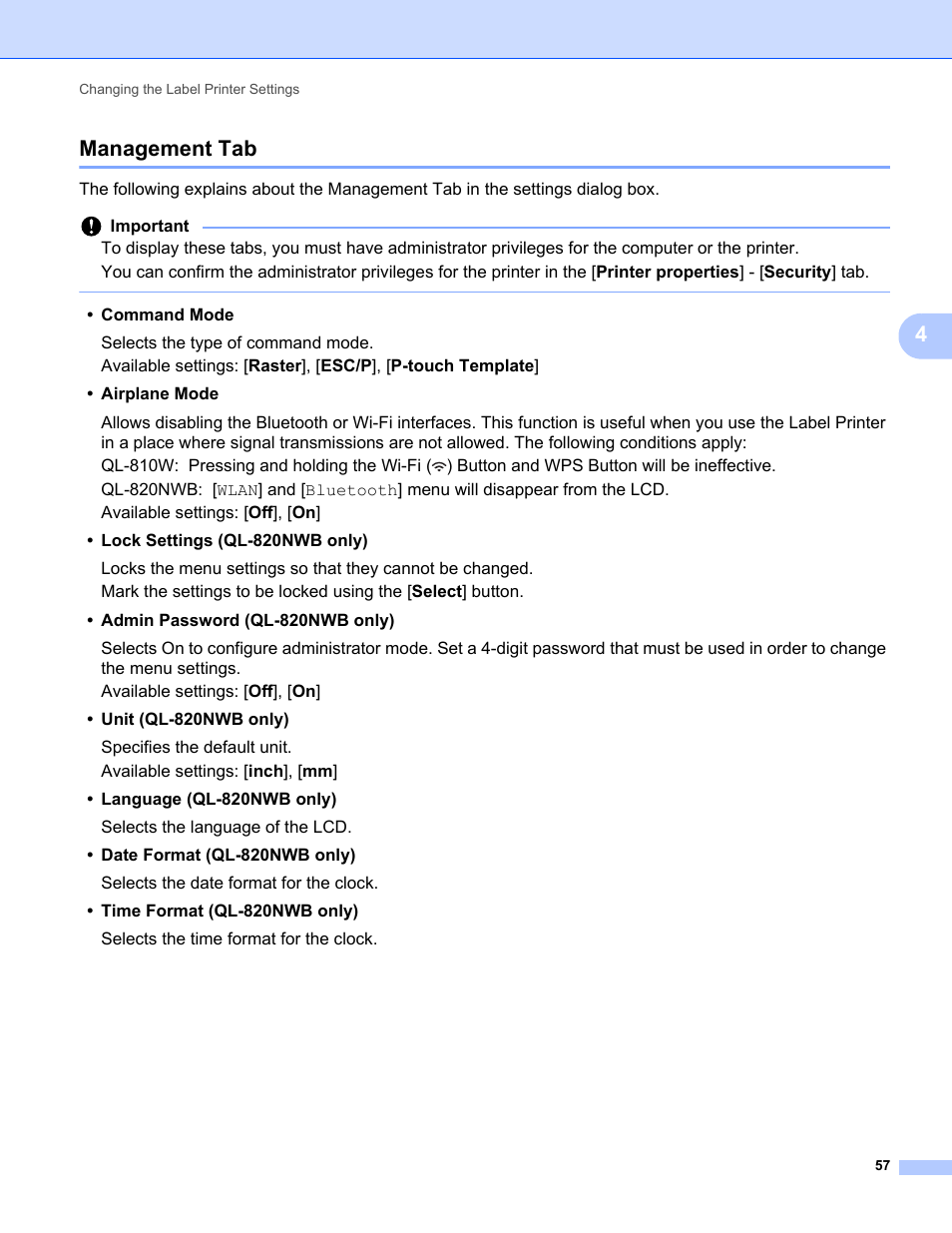 Management tab, 4management tab | Brother QL-810W Ultra-Fast Label Printer with Wireless Networking User Manual | Page 67 / 214