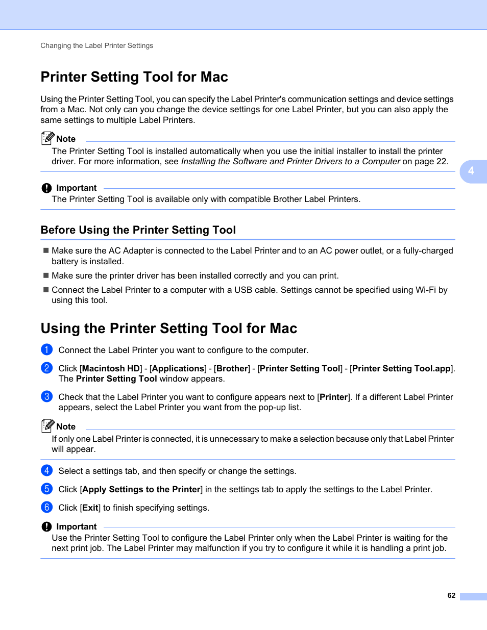 Printer setting tool for mac, Before using the printer setting tool, Using the printer setting tool for mac | Brother QL-810W Ultra-Fast Label Printer with Wireless Networking User Manual | Page 72 / 214