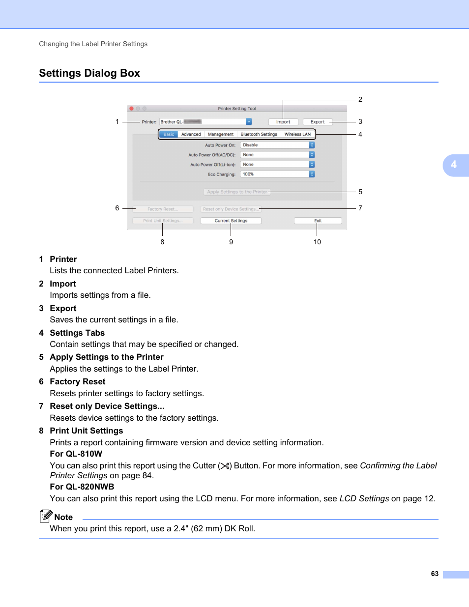 Settings dialog box, 4settings dialog box | Brother QL-810W Ultra-Fast Label Printer with Wireless Networking User Manual | Page 73 / 214