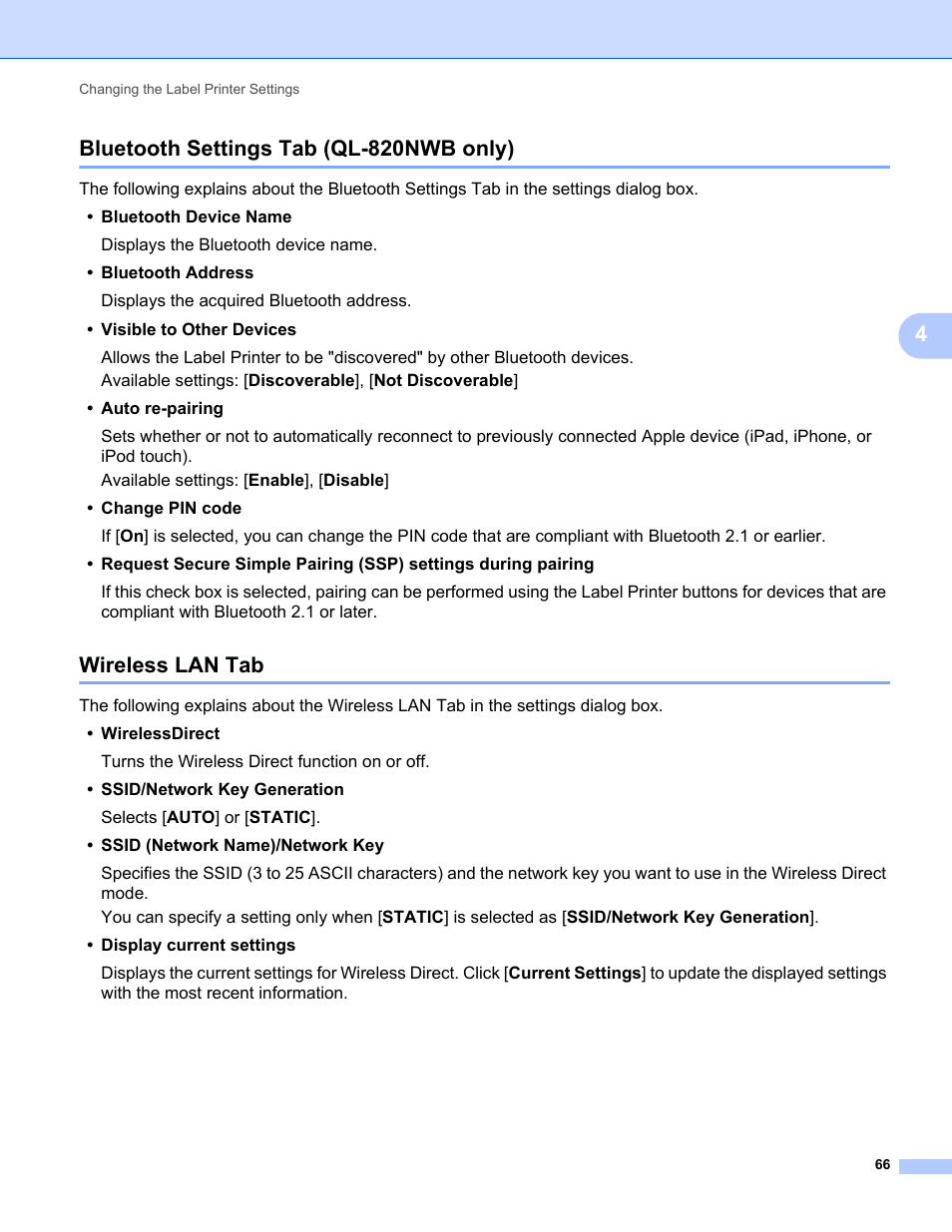 Bluetooth settings tab (ql-820nwb only), Wireless lan tab, 4bluetooth settings tab (ql-820nwb only) | Brother QL-810W Ultra-Fast Label Printer with Wireless Networking User Manual | Page 76 / 214