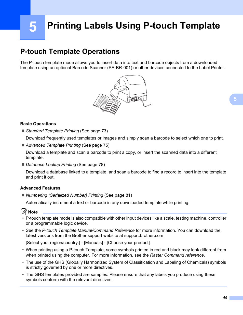 5printing labels using p-touch template, P-touch template operations, Printing labels using p-touch template | Information, see, Printing labels, Using p-touch template | Brother QL-810W Ultra-Fast Label Printer with Wireless Networking User Manual | Page 79 / 214