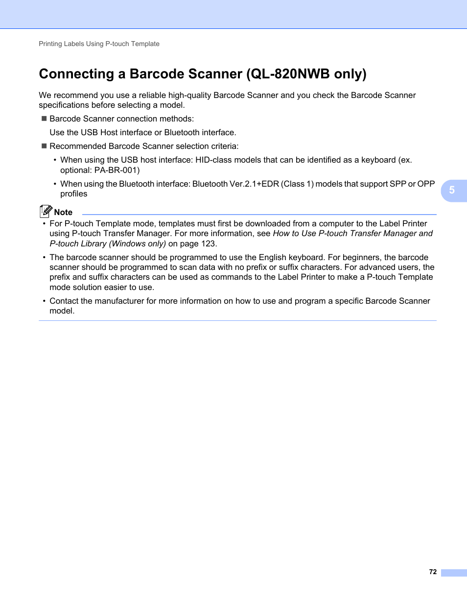 Connecting a barcode scanner (ql-820nwb only) | Brother QL-810W Ultra-Fast Label Printer with Wireless Networking User Manual | Page 82 / 214