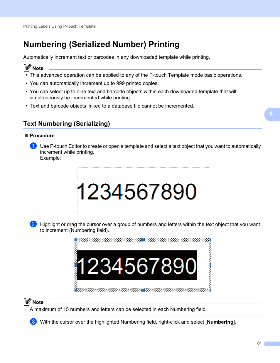 Numbering (serialized number) printing, Text numbering (serializing) | Brother QL-810W Ultra-Fast Label Printer with Wireless Networking User Manual | Page 91 / 214