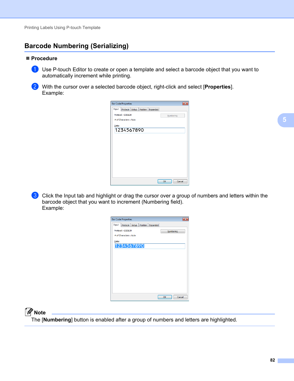 Barcode numbering (serializing), 5barcode numbering (serializing) | Brother QL-810W Ultra-Fast Label Printer with Wireless Networking User Manual | Page 92 / 214