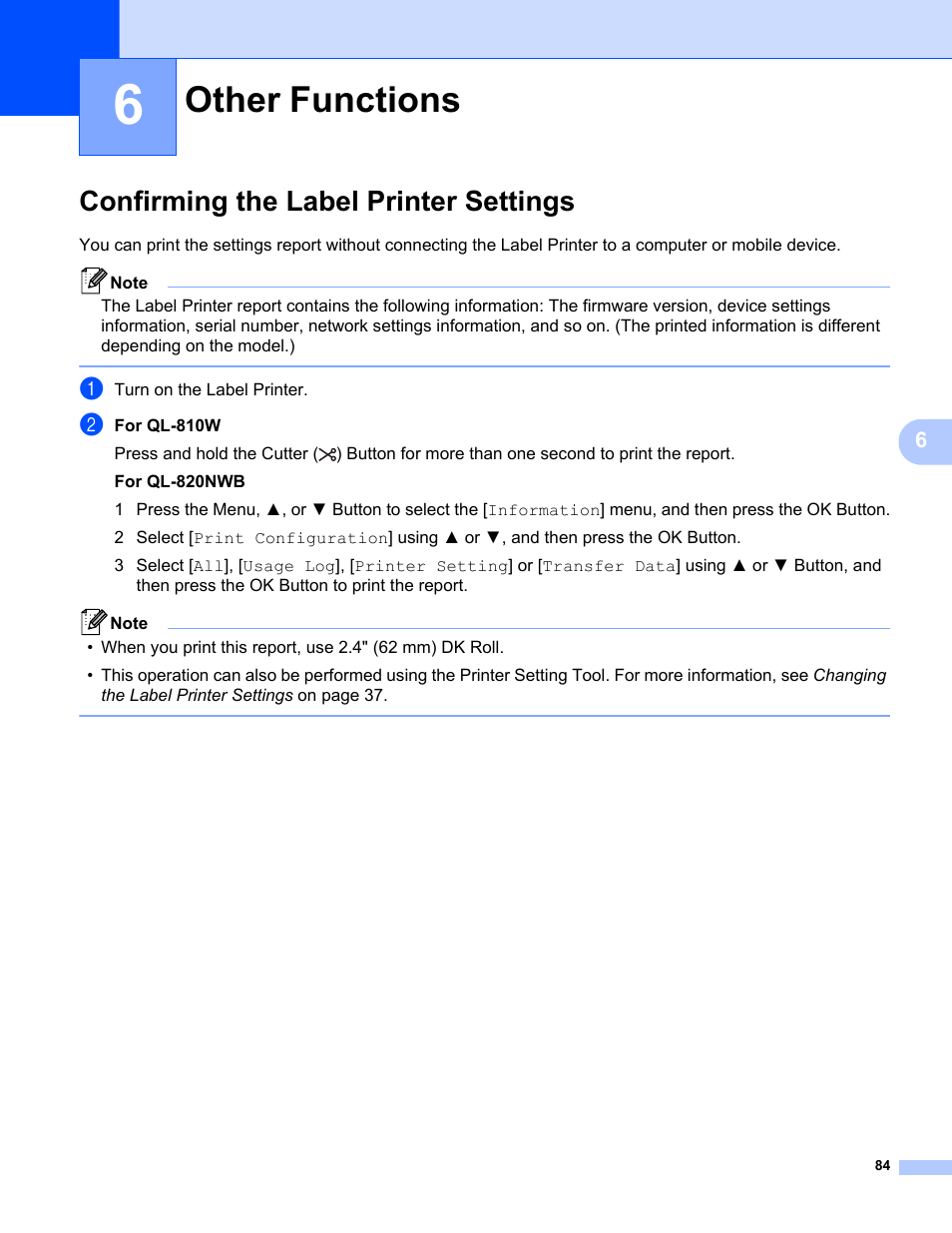 6other functions, Confirming the label printer settings, Other functions | Confirming the label, Printer settings | Brother QL-810W Ultra-Fast Label Printer with Wireless Networking User Manual | Page 94 / 214