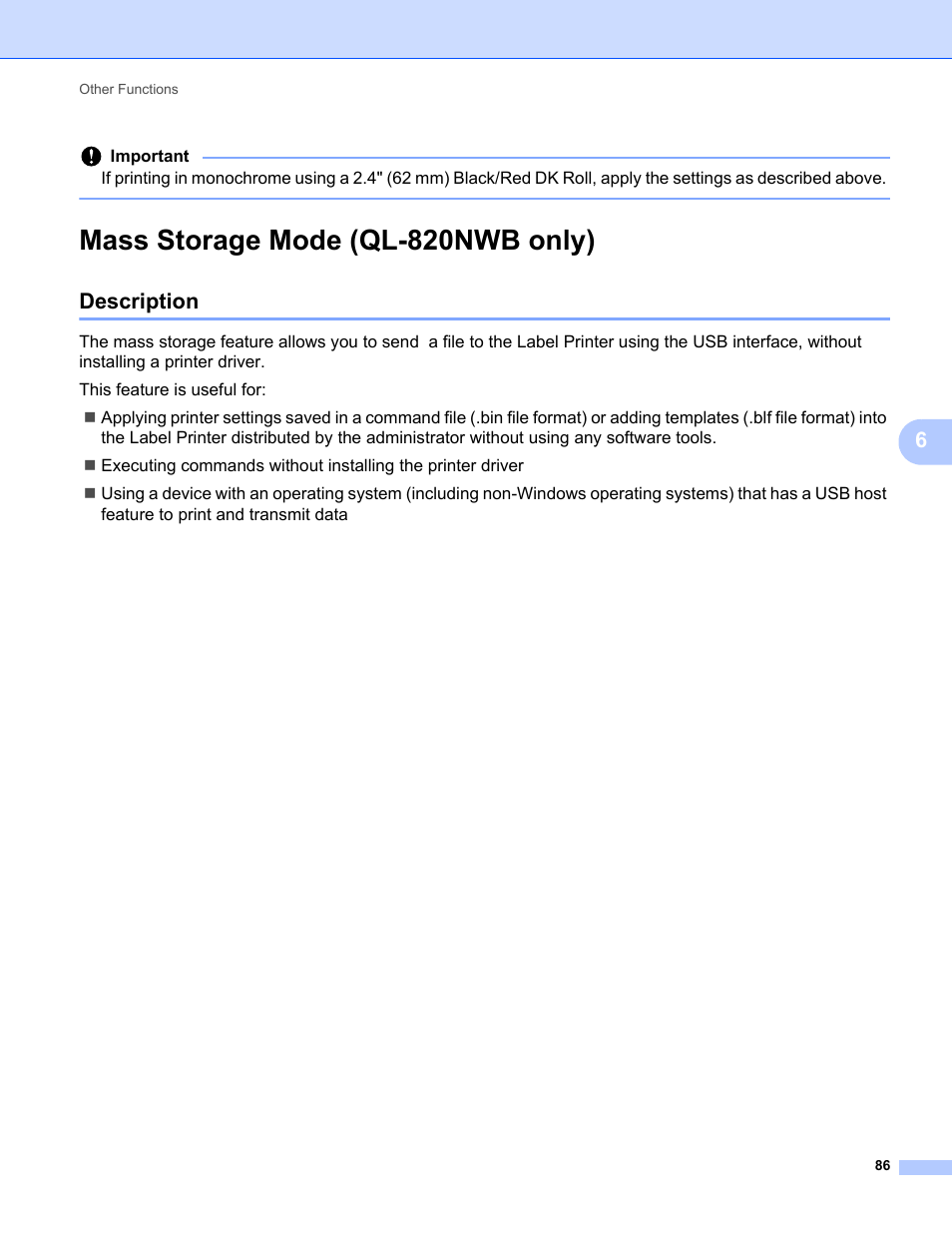 Mass storage mode (ql-820nwb only), Description, Ion, see | Brother QL-810W Ultra-Fast Label Printer with Wireless Networking User Manual | Page 96 / 214