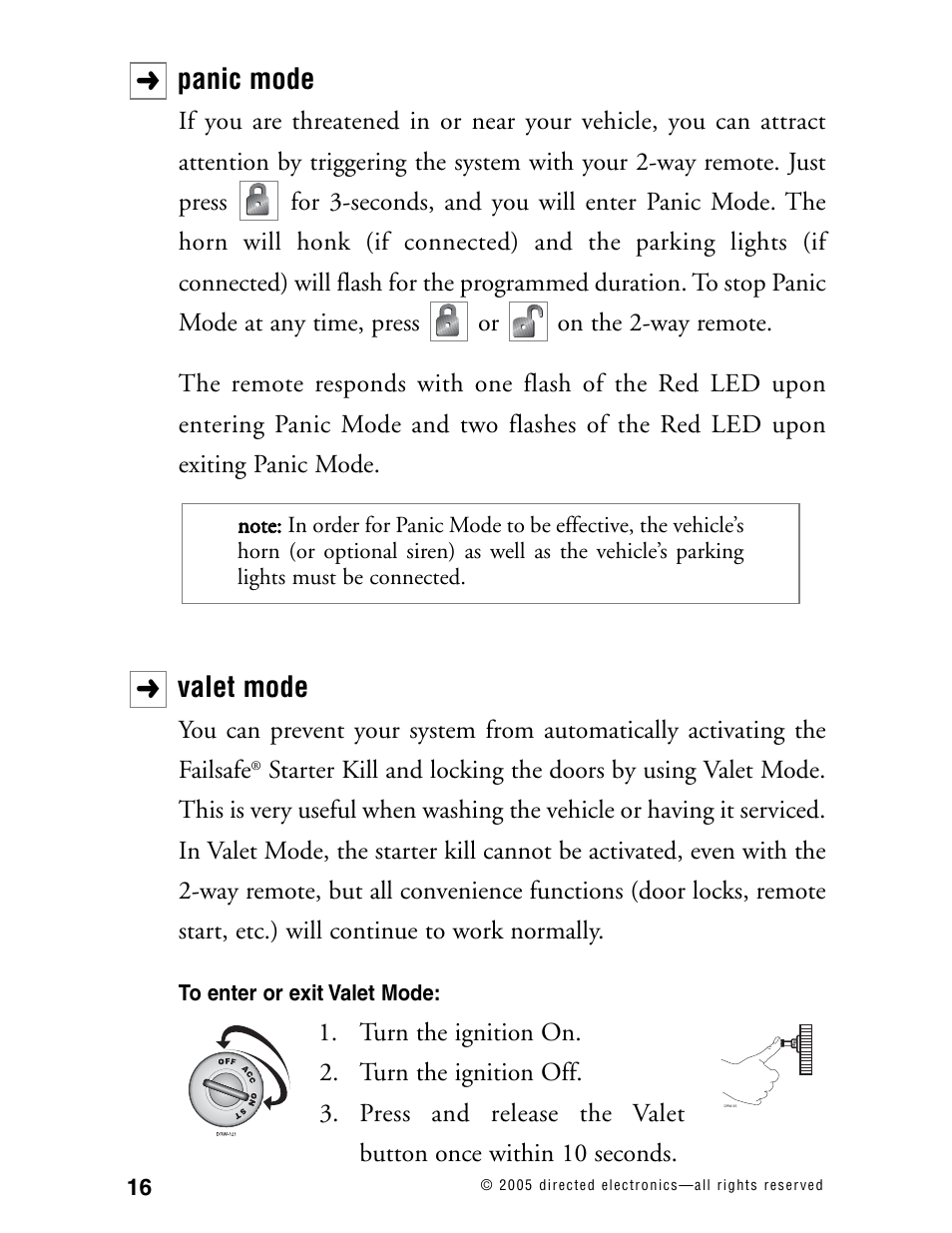 Panic mode, Valet mode | Directed Electronics 571XV User Manual | Page 19 / 39