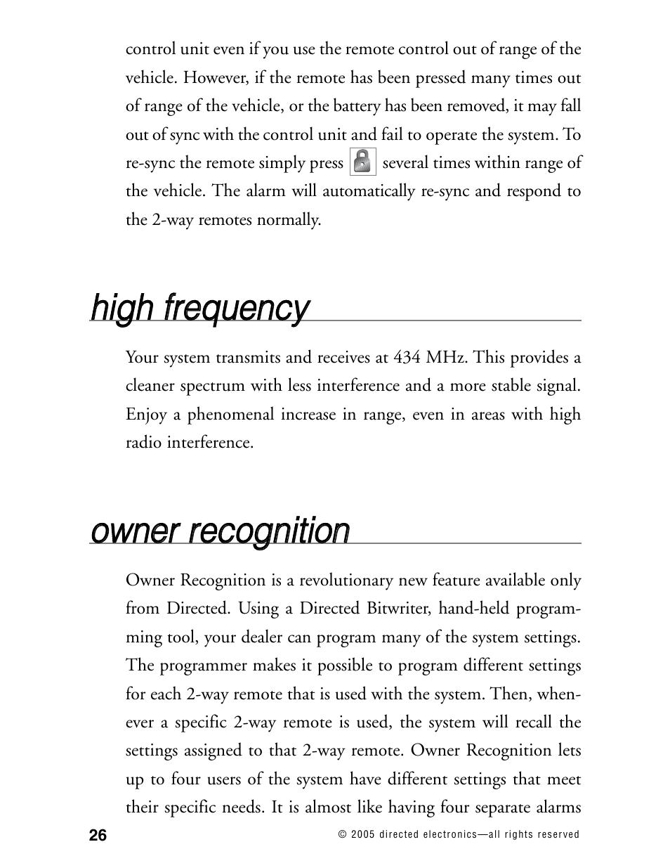 Hhiig gh h ffrre eq qu ue en nc cyy, Oow wn ne err rre ec co og gn niittiio on n | Directed Electronics 571XV User Manual | Page 29 / 39