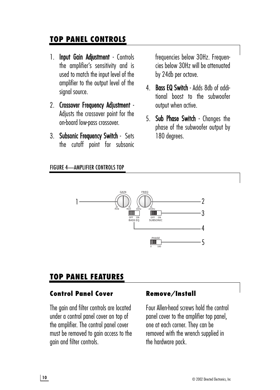 Top panel controls, Top panel features, Control panel cover | Remove/install | Directed Electronics 1100d User Manual | Page 10 / 20