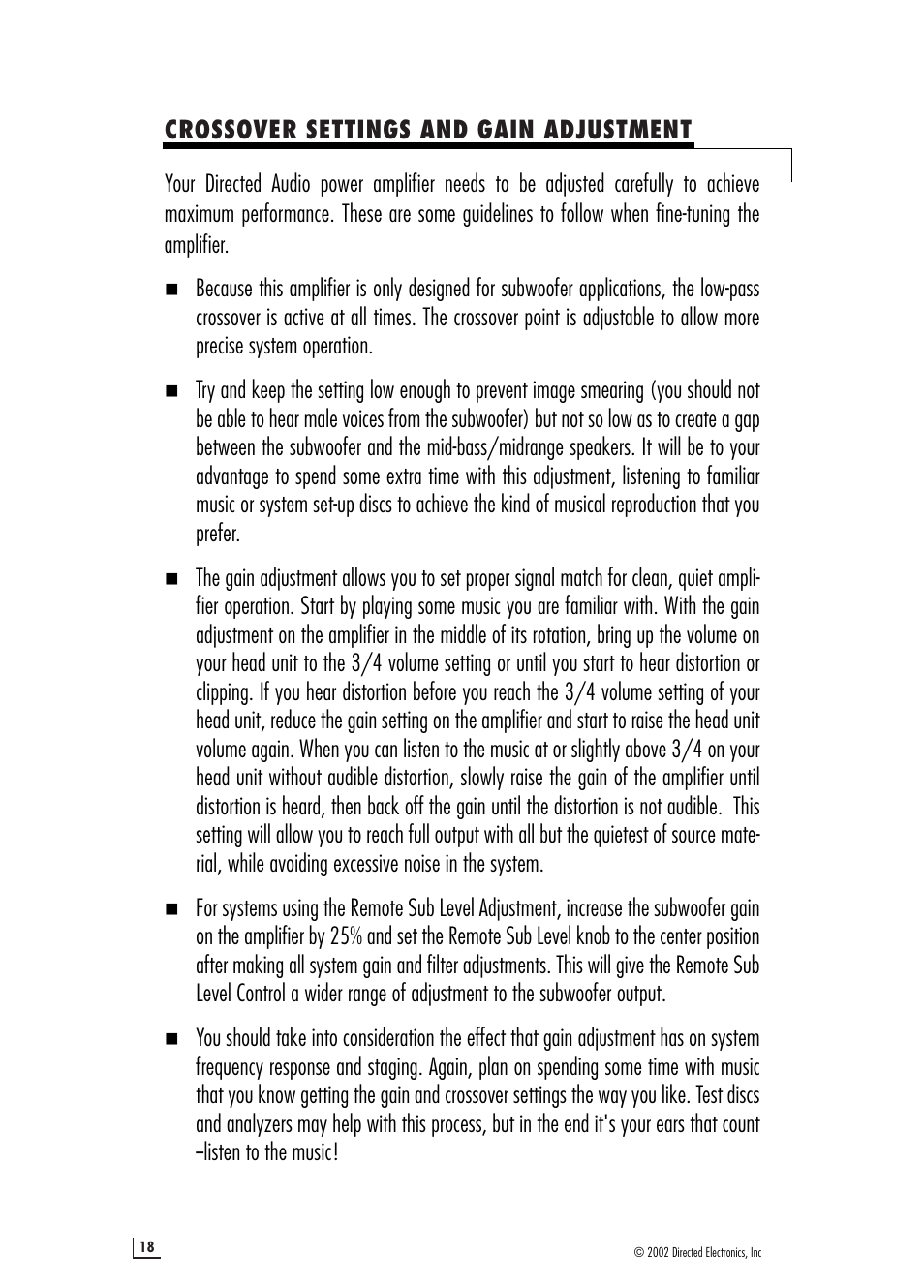 Crossover settings and gain adjustment | Directed Electronics 1100d User Manual | Page 18 / 20