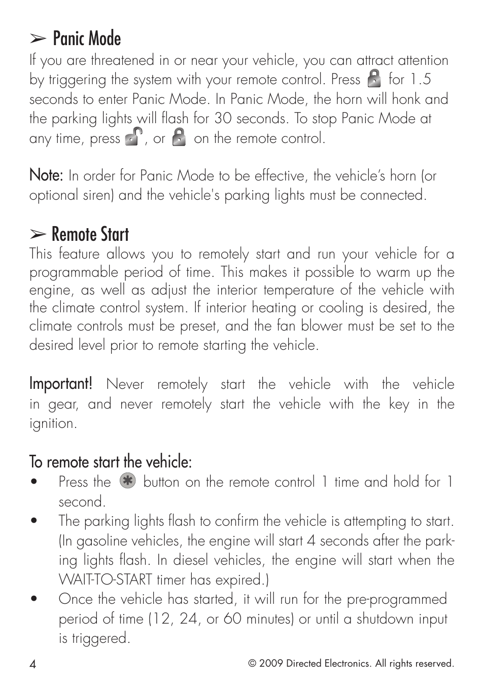 Panic mode, Remote start, Important | Directed Electronics PYTHON 413 User Manual | Page 10 / 28