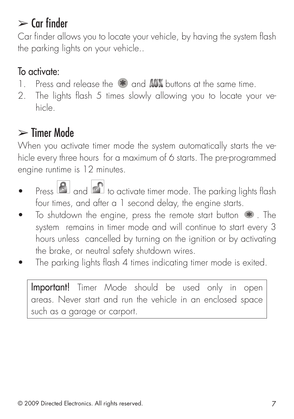 Car finder, Timer mode, Important | Directed Electronics PYTHON 413 User Manual | Page 13 / 28