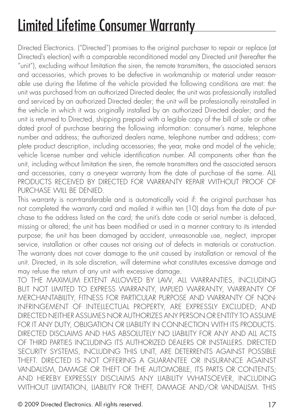 Limited lifetime consumer warranty | Directed Electronics PYTHON 413 User Manual | Page 23 / 28