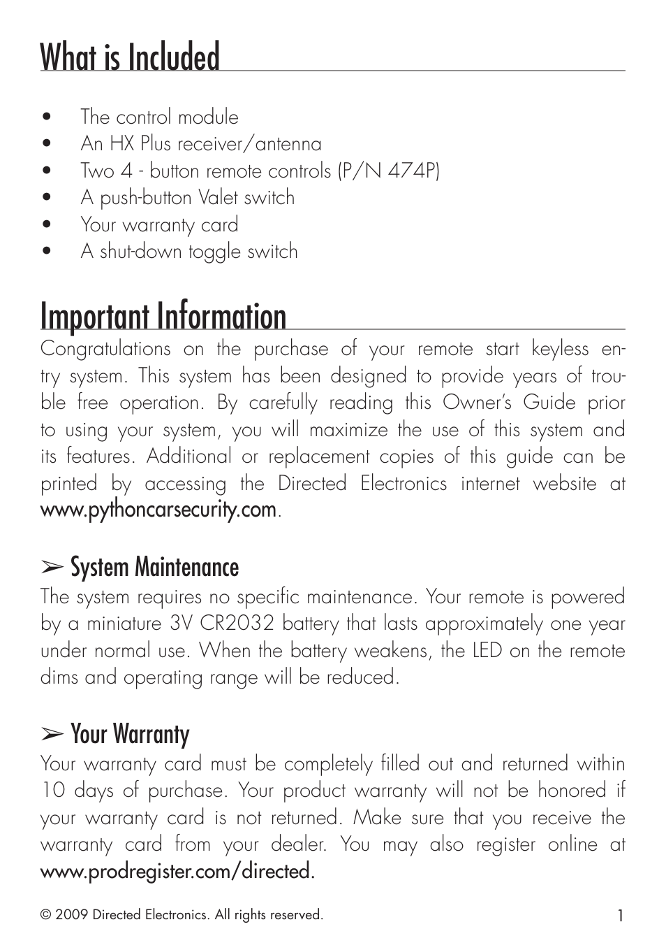 What is included, Important information, System maintenance | Your warranty | Directed Electronics PYTHON 413 User Manual | Page 7 / 28