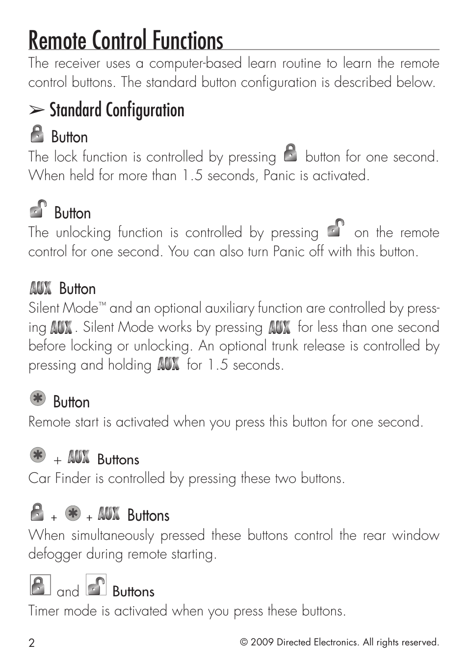 Remote control functions, Standard configuration, Button | Buttons, The lock function is controlled by pressing, The unlocking function is controlled by pressing, Silent mode, Silent mode works by pressing, For 1.5 seconds | Directed Electronics PYTHON 413 User Manual | Page 8 / 28