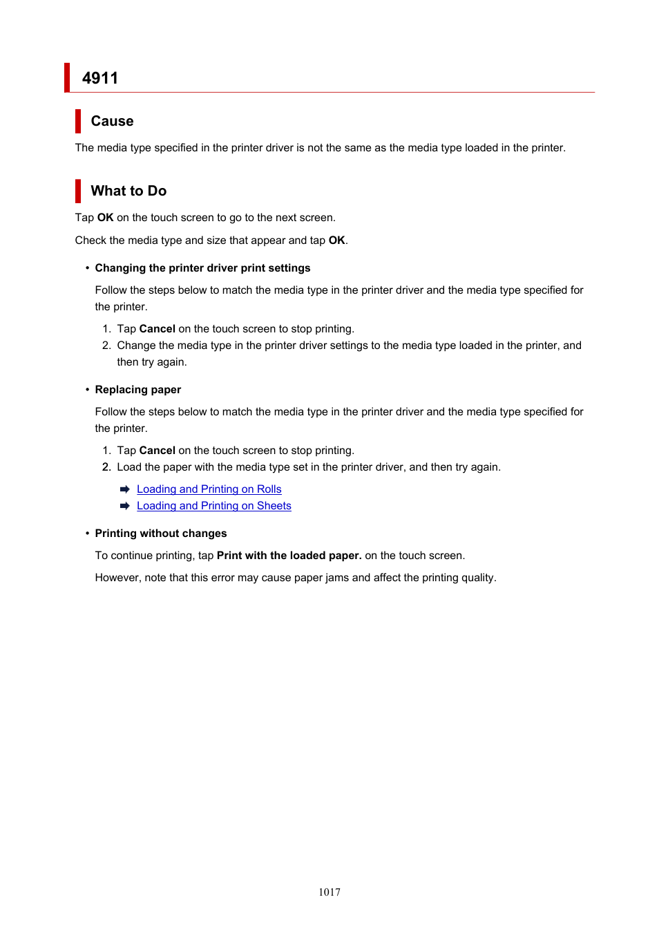 Cause, What to do | Canon imagePROGRAF TX-3100 36" Printer with Basket User Manual | Page 1017 / 1073