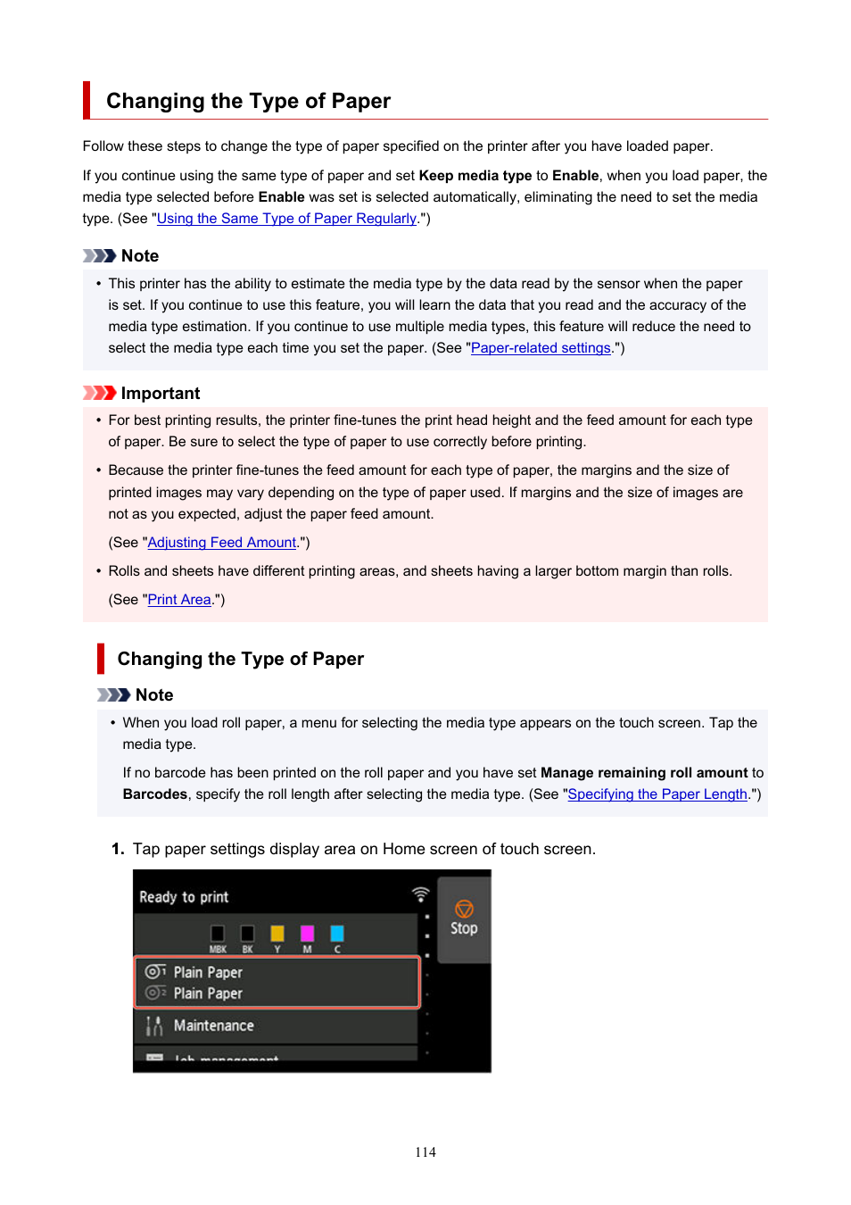 Changing the type of paper, Changing the type of, Paper | Canon imagePROGRAF TX-3100 36" Printer with Basket User Manual | Page 114 / 1073