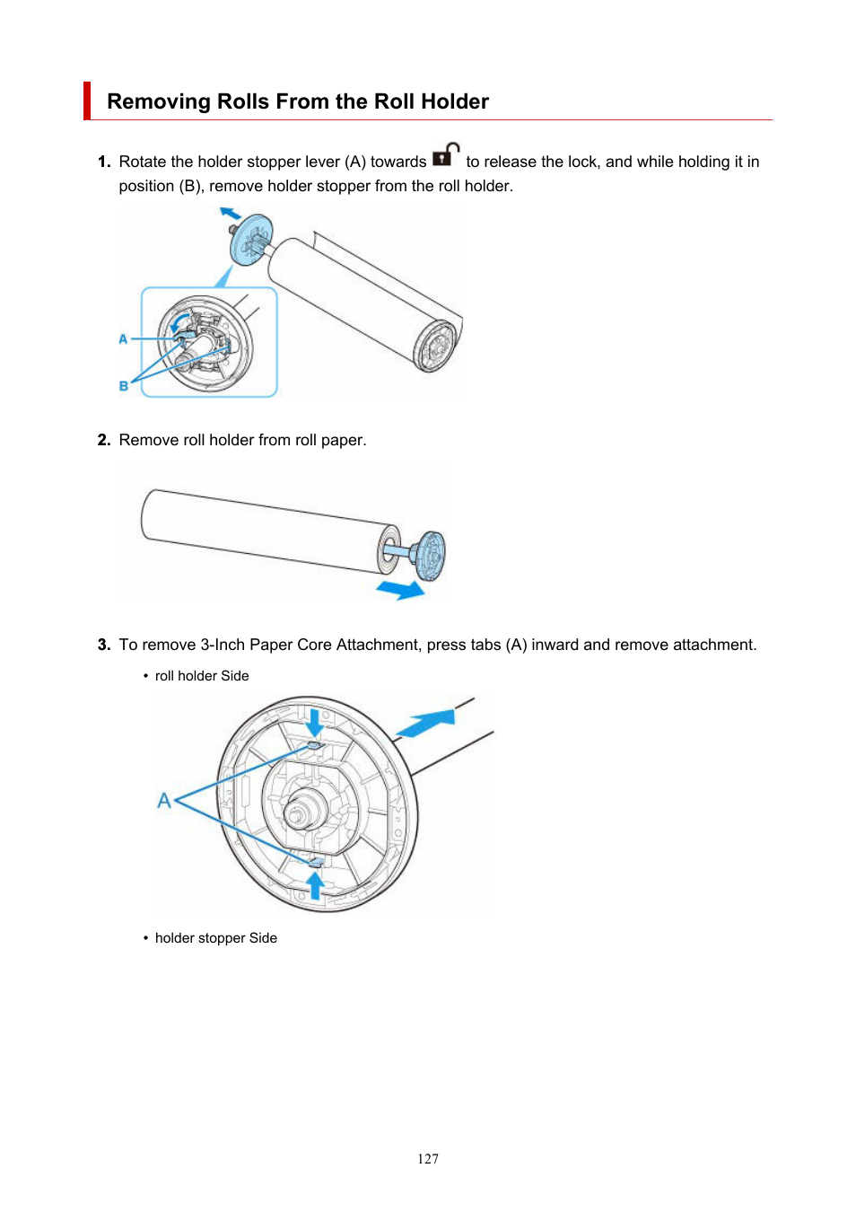 Removing rolls from the roll holder, Removing rolls from the roll, Holder | Canon imagePROGRAF TX-3100 36" Printer with Basket User Manual | Page 127 / 1073