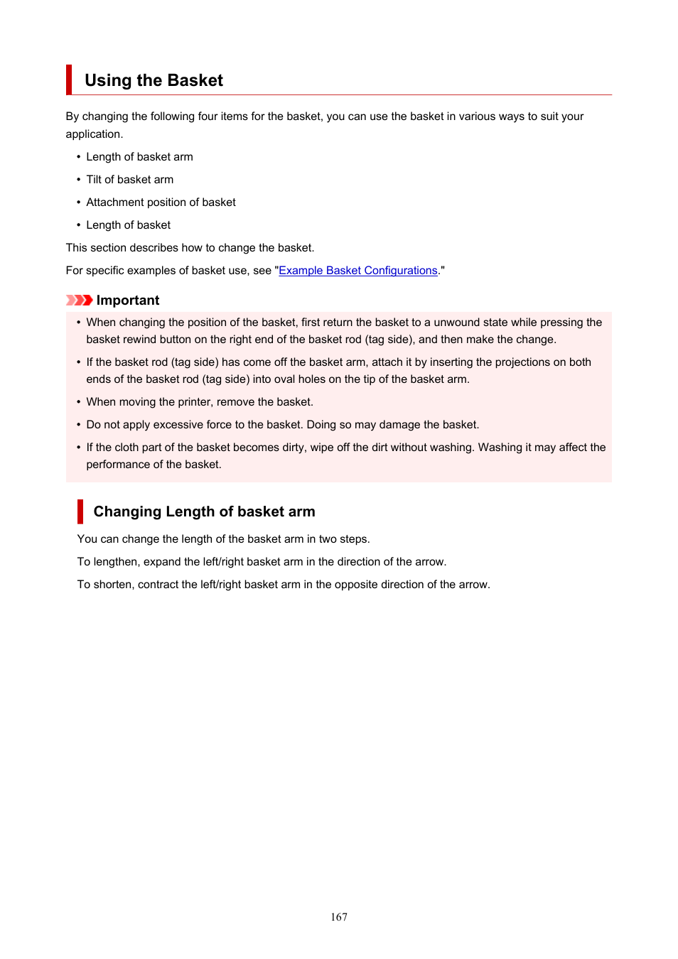 Using the basket, Changing length of basket arm | Canon imagePROGRAF TX-3100 36" Printer with Basket User Manual | Page 167 / 1073
