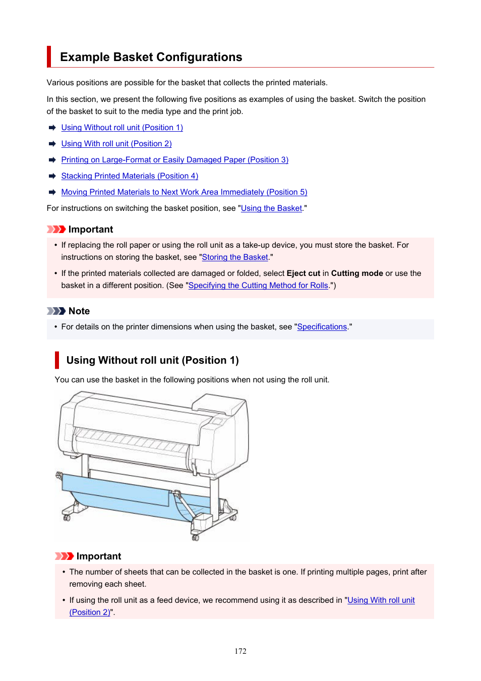 Example basket configurations, Then print. (see, Using without roll unit (position 1) | Canon imagePROGRAF TX-3100 36" Printer with Basket User Manual | Page 172 / 1073
