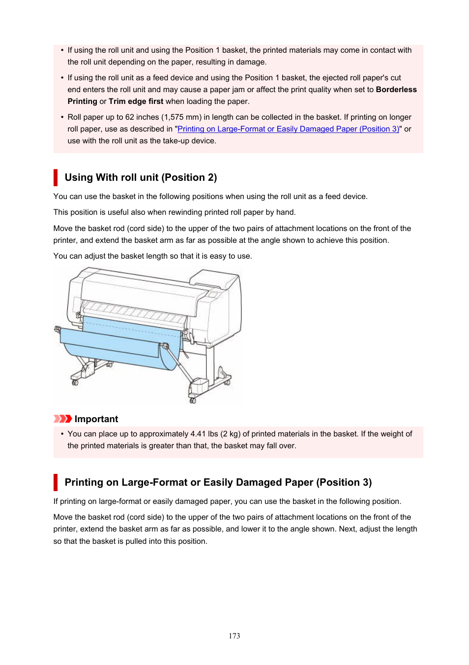 Printing on large-format or easily damaged, Paper (position 3), Using with roll unit (position 2) | Using with roll unit, Position 2) | Canon imagePROGRAF TX-3100 36" Printer with Basket User Manual | Page 173 / 1073