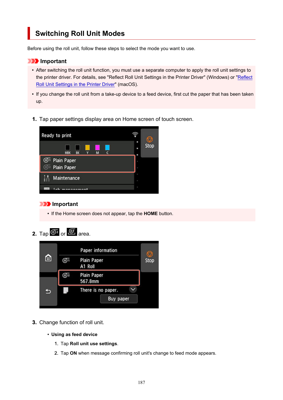 Switching roll unit modes | Canon imagePROGRAF TX-3100 36" Printer with Basket User Manual | Page 187 / 1073