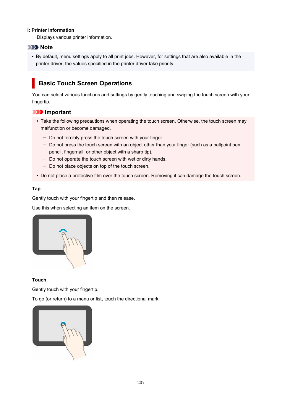 Basic touch screen operations | Canon imagePROGRAF TX-3100 36" Printer with Basket User Manual | Page 207 / 1073