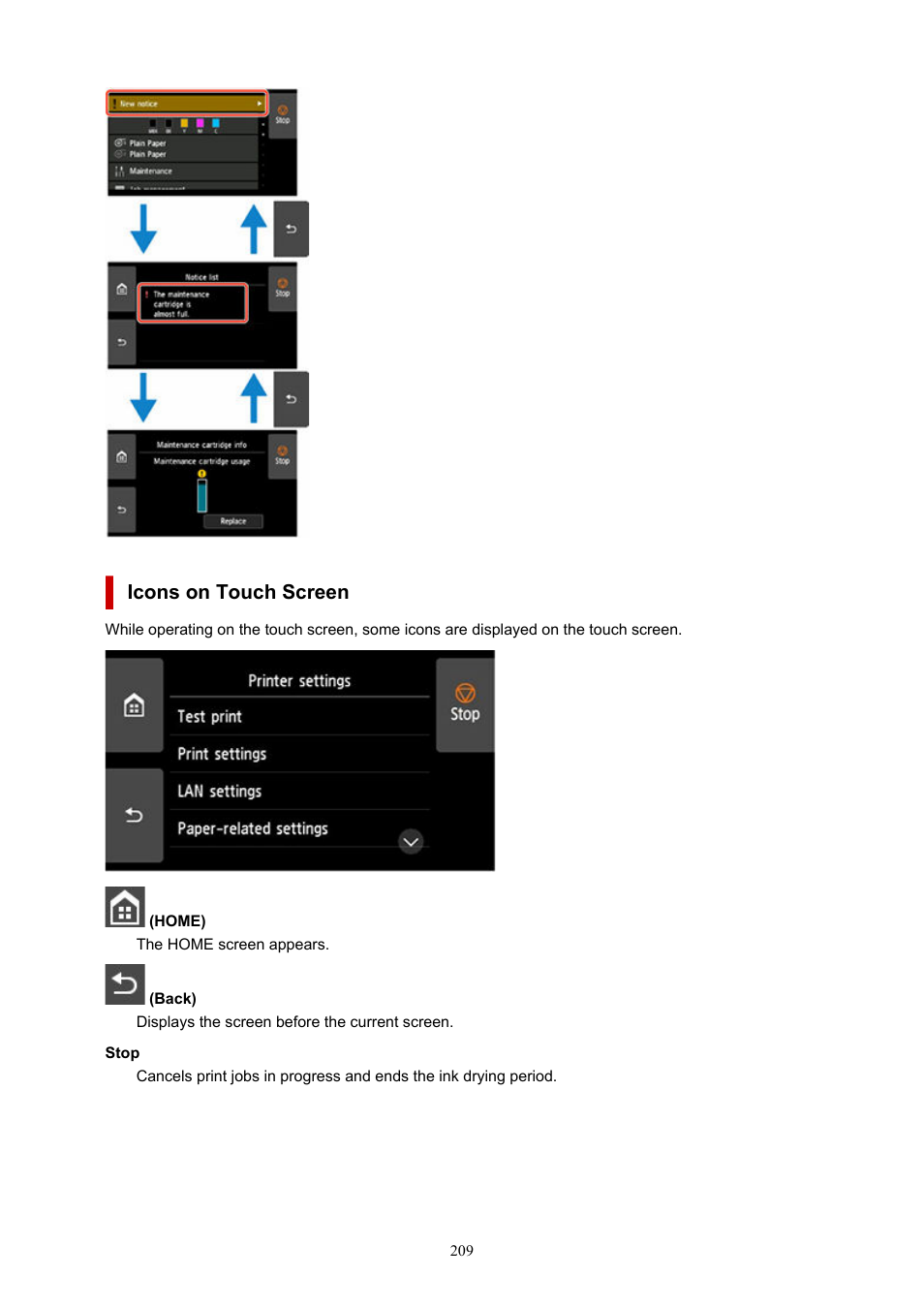 Icons on touch screen | Canon imagePROGRAF TX-3100 36" Printer with Basket User Manual | Page 209 / 1073