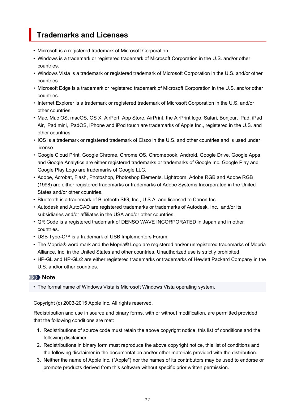 Trademarks and licenses | Canon imagePROGRAF TX-3100 36" Printer with Basket User Manual | Page 22 / 1073