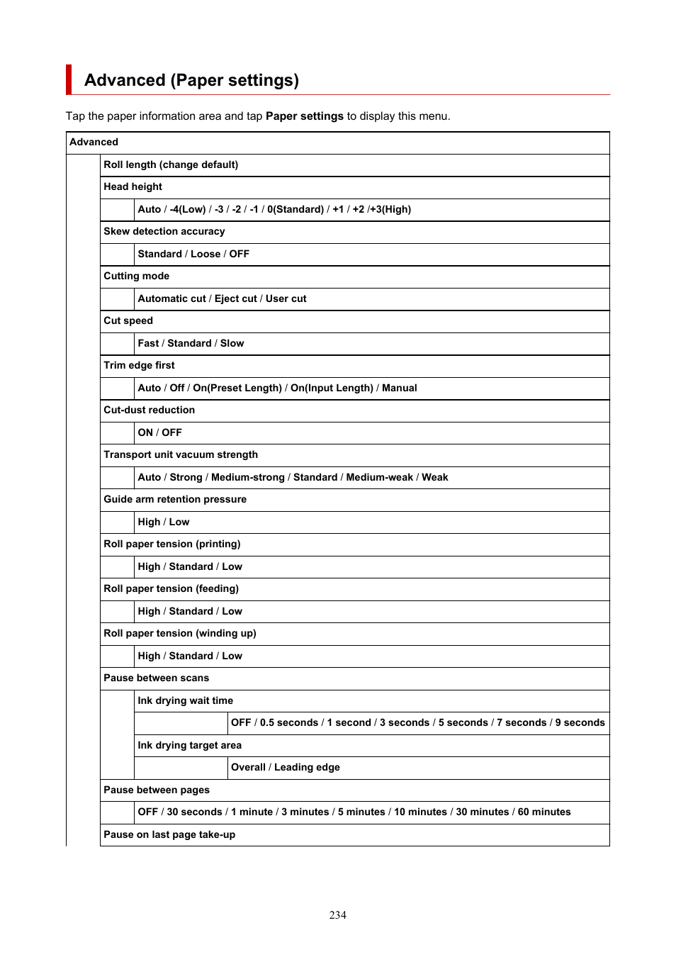 Advanced (paper settings), Advanced | Canon imagePROGRAF TX-3100 36" Printer with Basket User Manual | Page 234 / 1073
