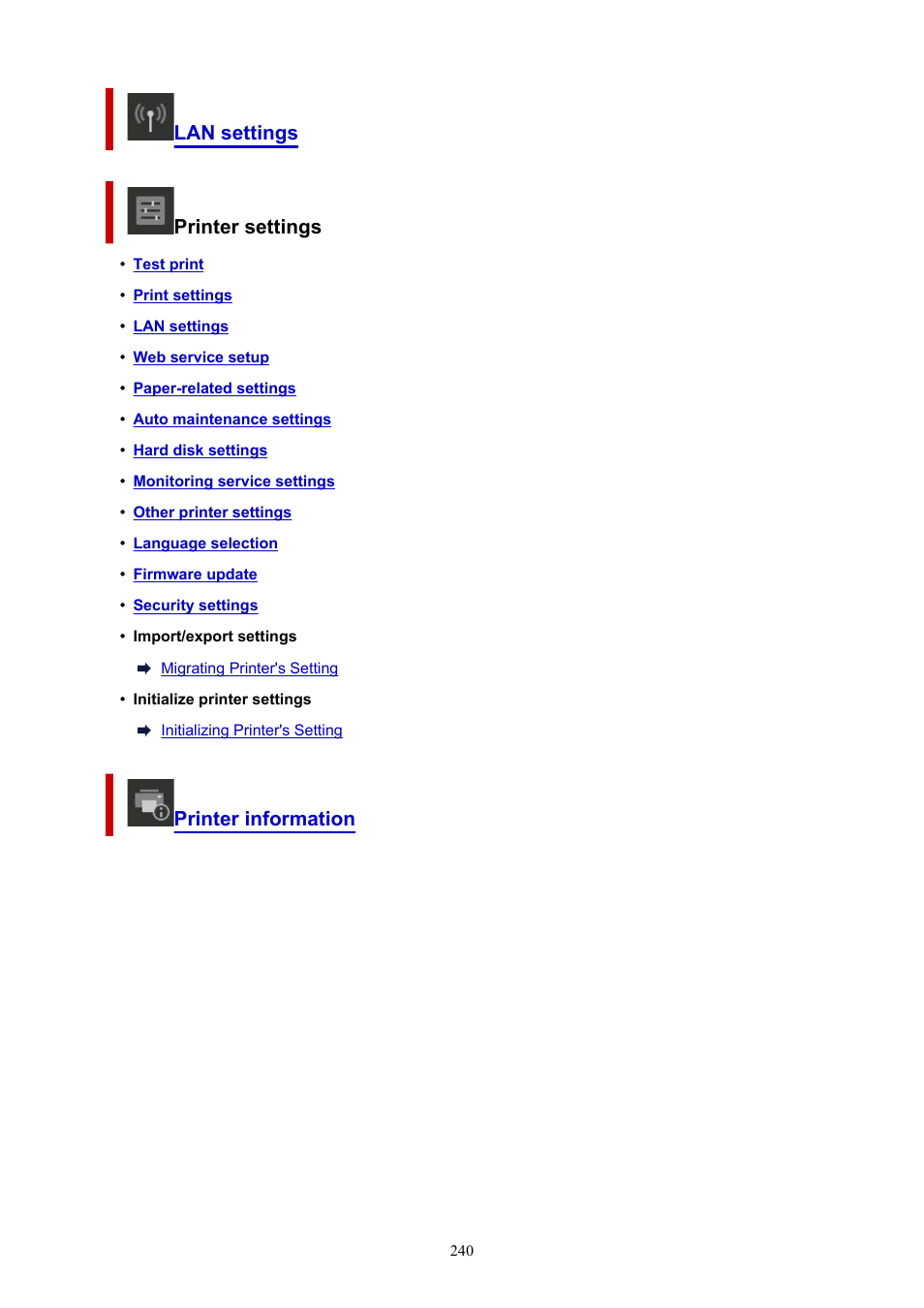 Lan settings printer settings, Printer information | Canon imagePROGRAF TX-3100 36" Printer with Basket User Manual | Page 240 / 1073