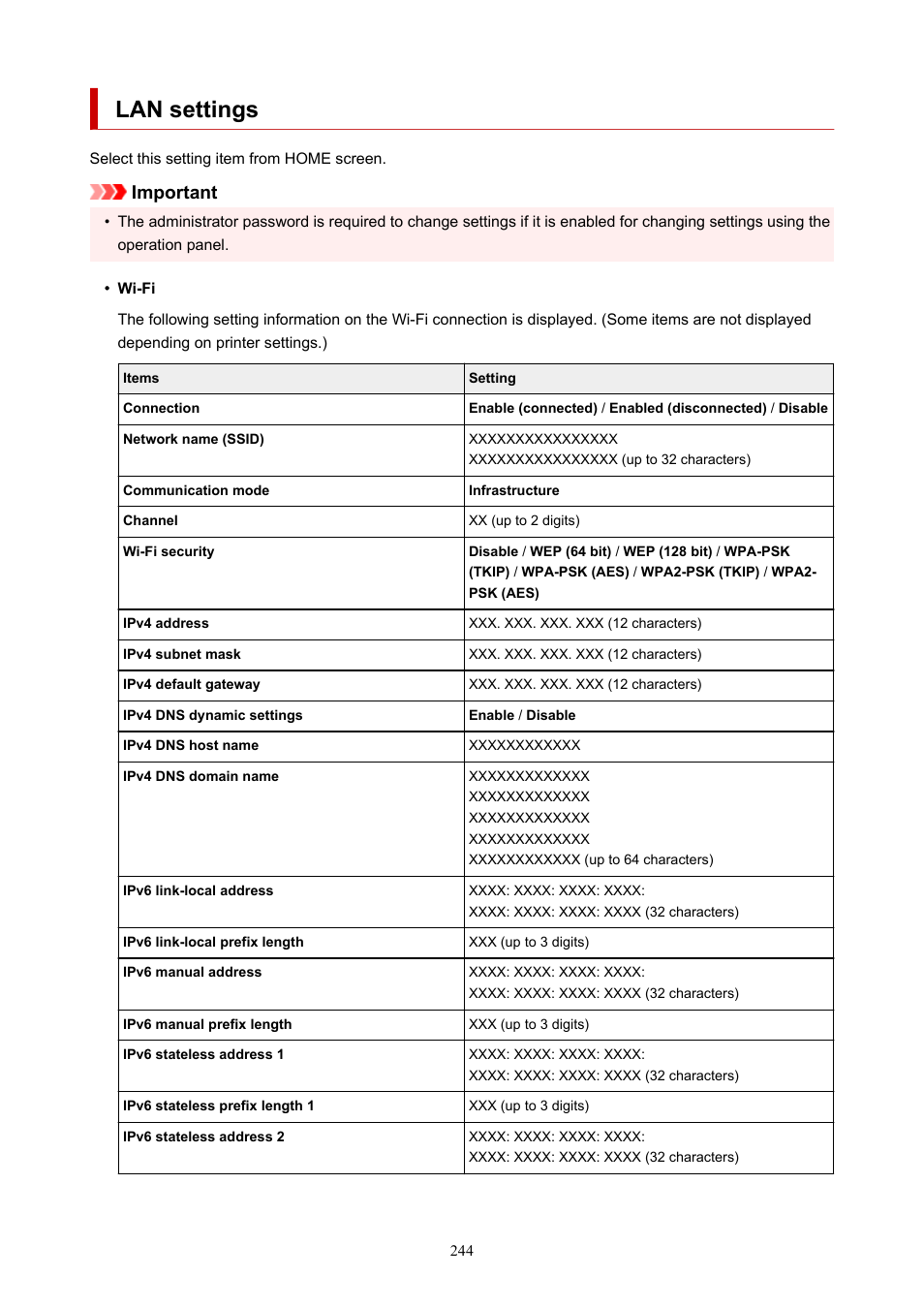 Lan settings, Important | Canon imagePROGRAF TX-3100 36" Printer with Basket User Manual | Page 244 / 1073
