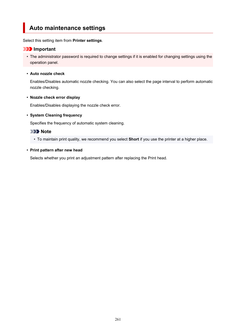 Auto maintenance settings | Canon imagePROGRAF TX-3100 36" Printer with Basket User Manual | Page 261 / 1073