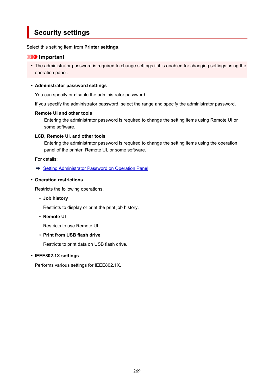 Security settings | Canon imagePROGRAF TX-3100 36" Printer with Basket User Manual | Page 269 / 1073
