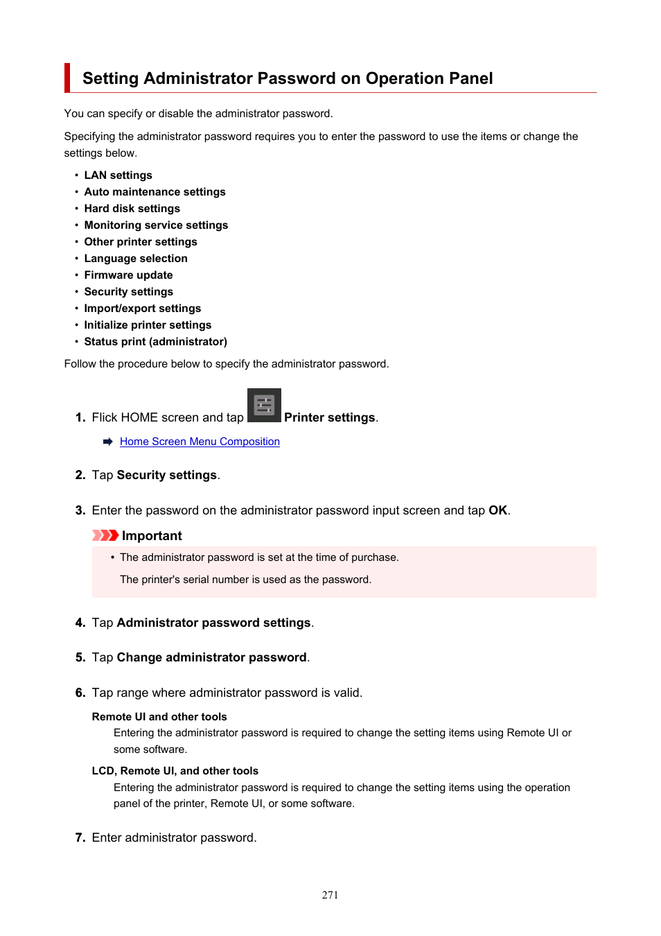 Setting administrator password on operation panel | Canon imagePROGRAF TX-3100 36" Printer with Basket User Manual | Page 271 / 1073