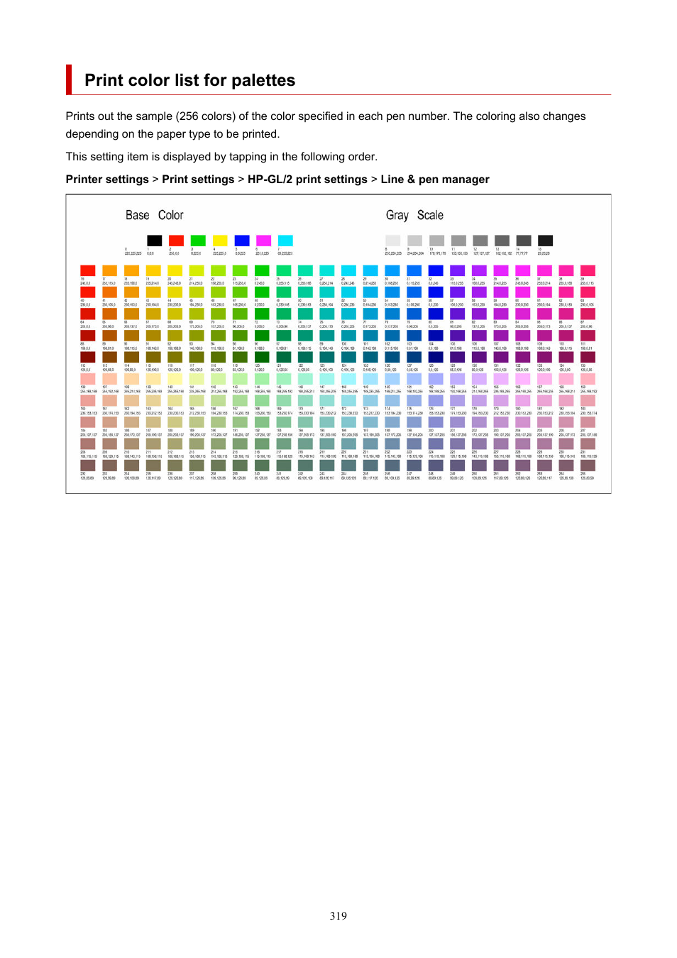 Print color list for palettes | Canon imagePROGRAF TX-3100 36" Printer with Basket User Manual | Page 319 / 1073