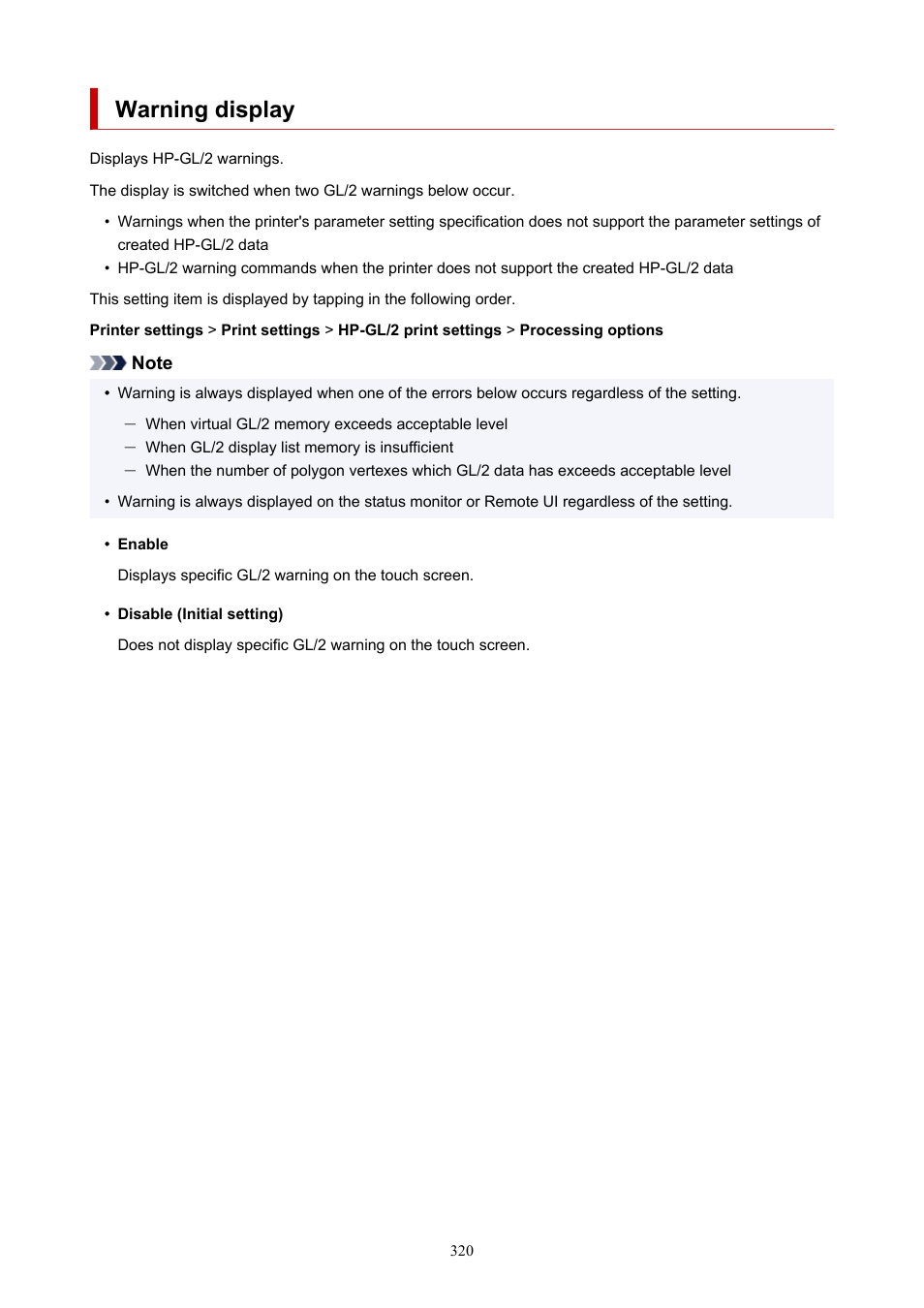 Warning display | Canon imagePROGRAF TX-3100 36" Printer with Basket User Manual | Page 320 / 1073