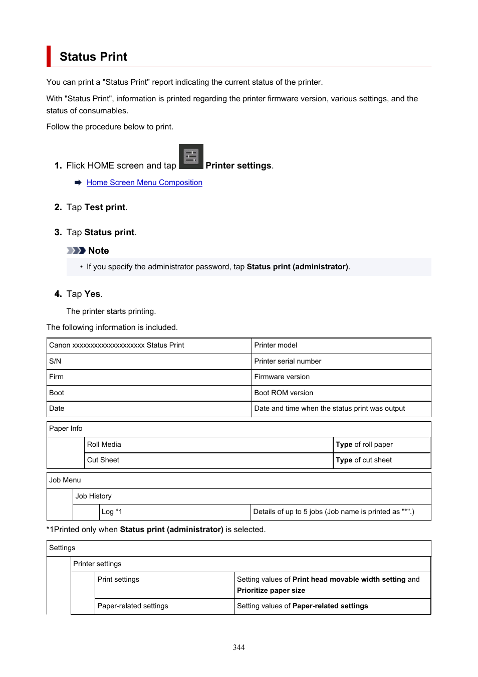 Status print | Canon imagePROGRAF TX-3100 36" Printer with Basket User Manual | Page 344 / 1073