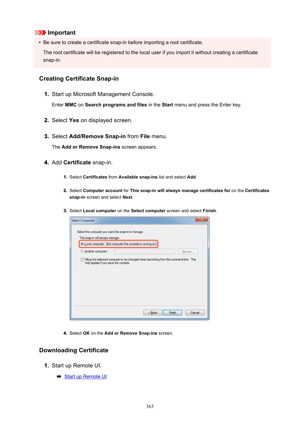 Important, Creating certificate snap-in, Downloading certificate | Canon imagePROGRAF TX-3100 36" Printer with Basket User Manual | Page 363 / 1073
