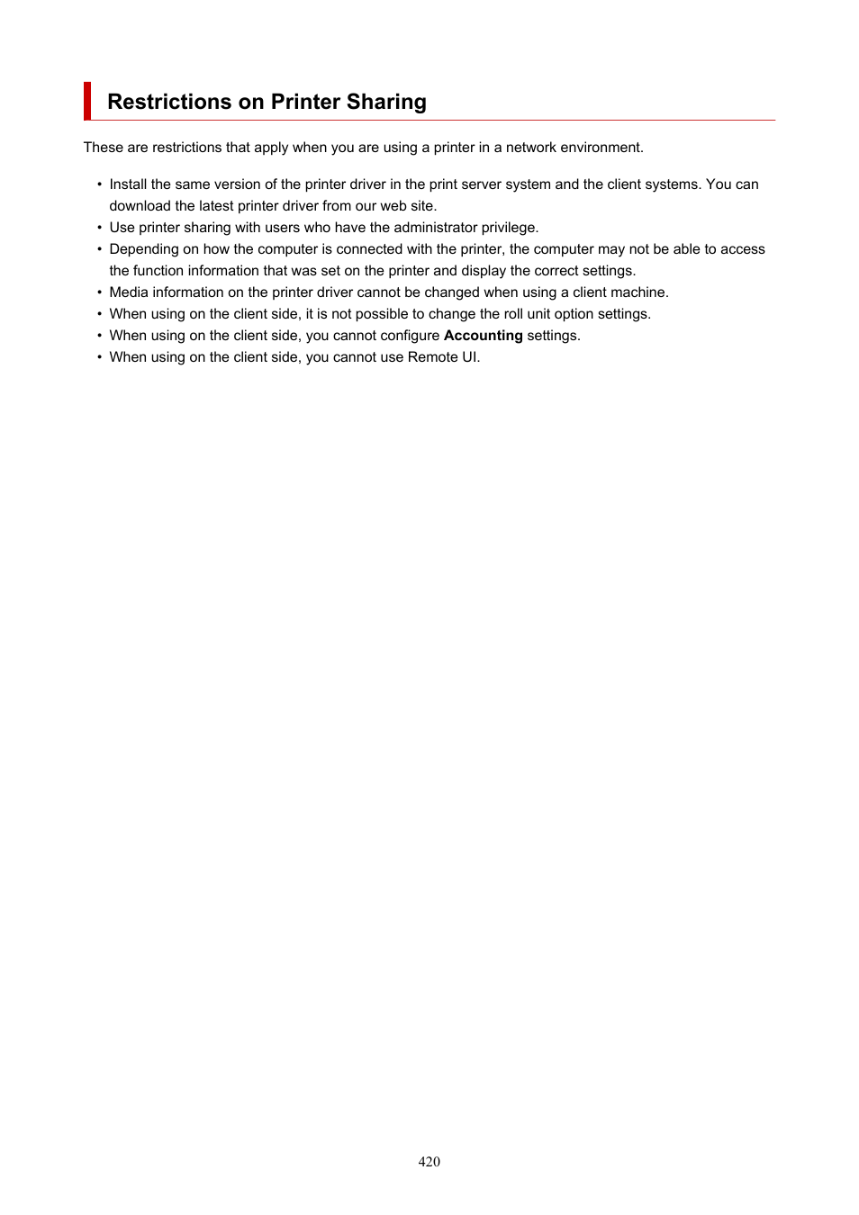 Restrictions on printer sharing | Canon imagePROGRAF TX-3100 36" Printer with Basket User Manual | Page 420 / 1073