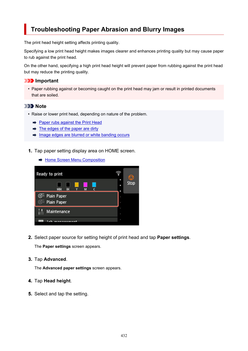 Troubleshooting paper abrasion and blurry images | Canon imagePROGRAF TX-3100 36" Printer with Basket User Manual | Page 432 / 1073