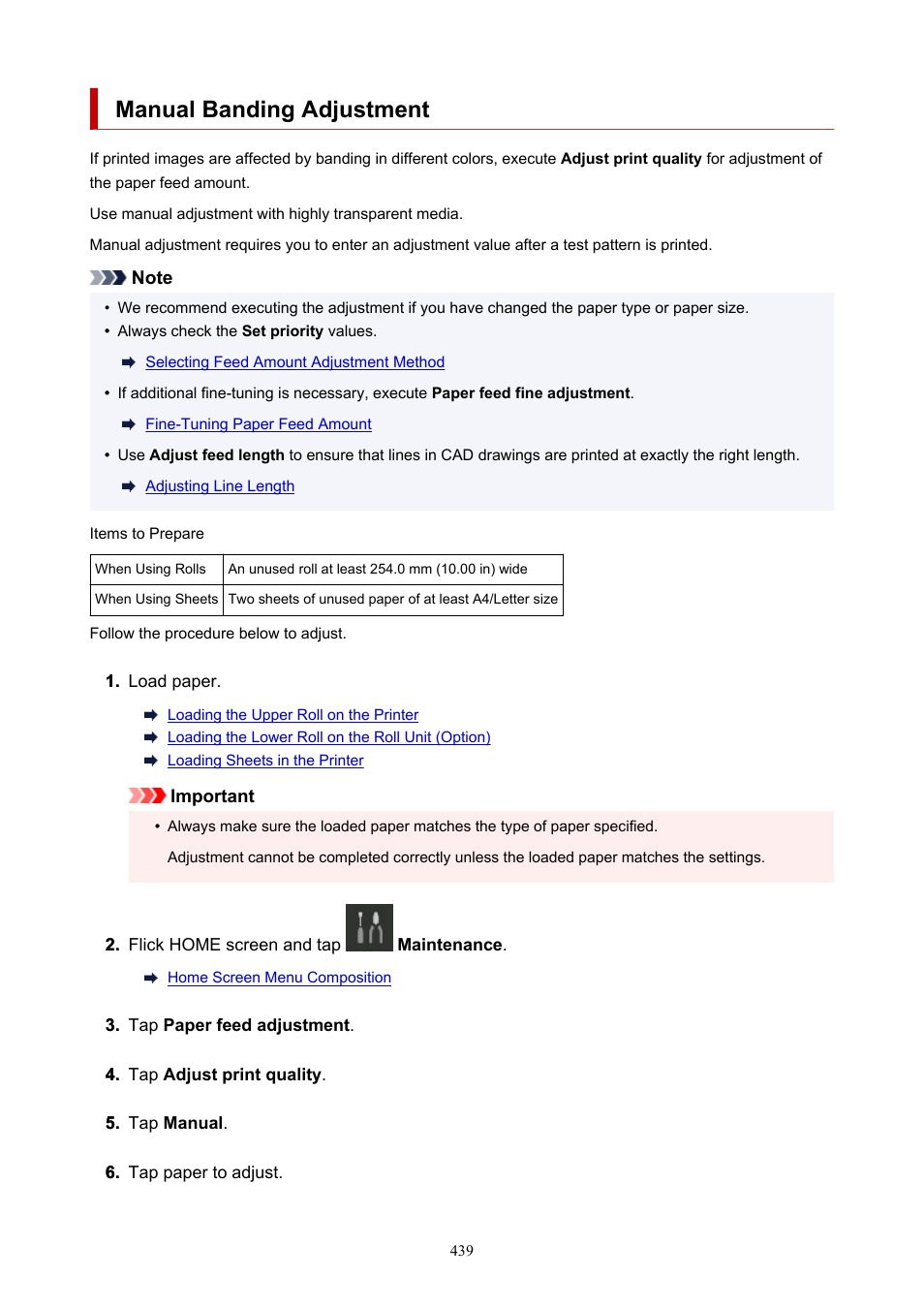 Manual banding adjustment | Canon imagePROGRAF TX-3100 36" Printer with Basket User Manual | Page 439 / 1073