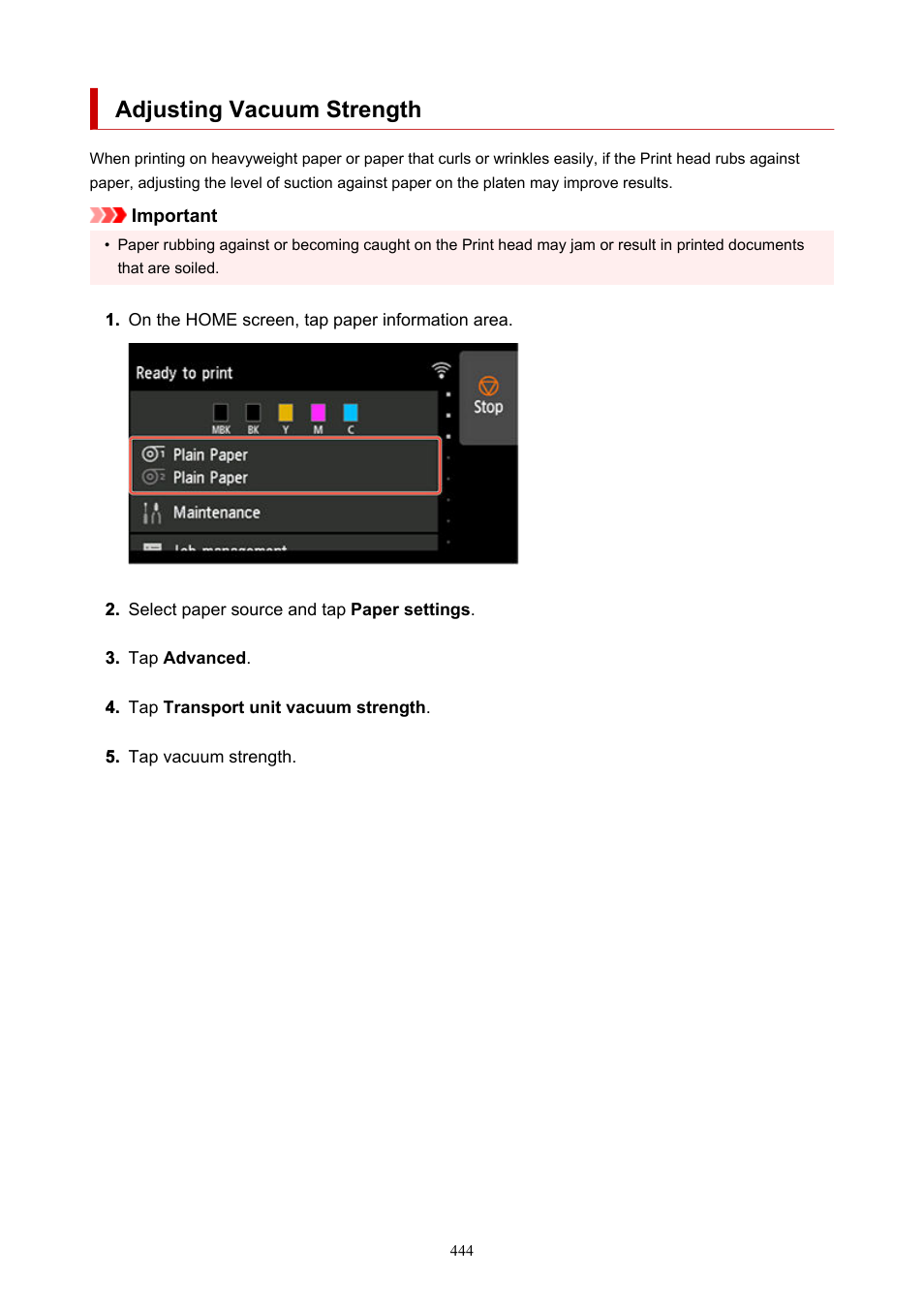 Adjusting vacuum strength | Canon imagePROGRAF TX-3100 36" Printer with Basket User Manual | Page 444 / 1073