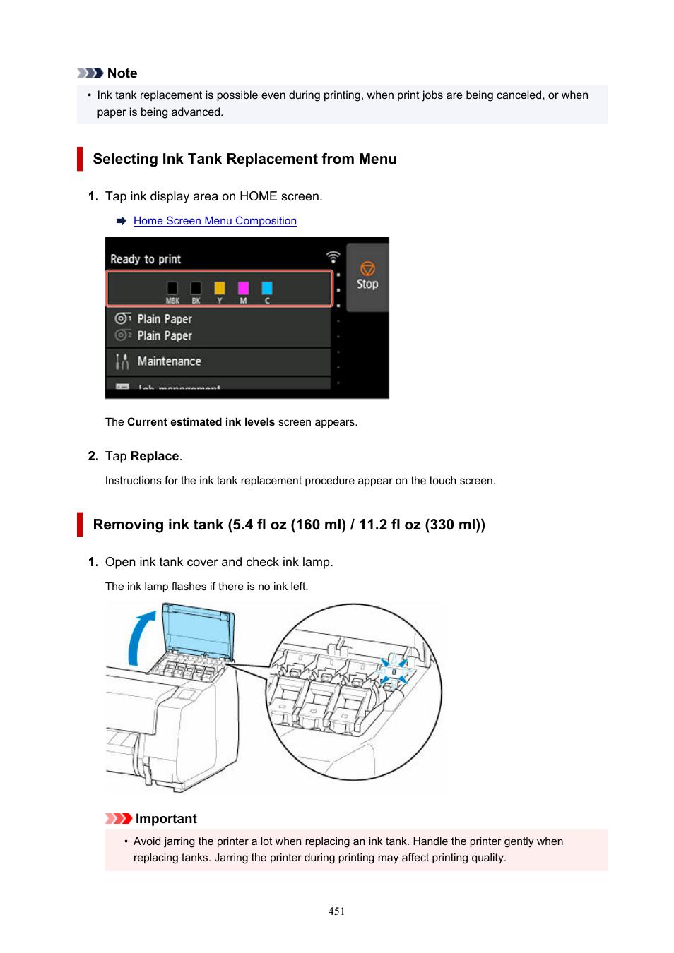 Selecting ink tank replacement from menu | Canon imagePROGRAF TX-3100 36" Printer with Basket User Manual | Page 451 / 1073