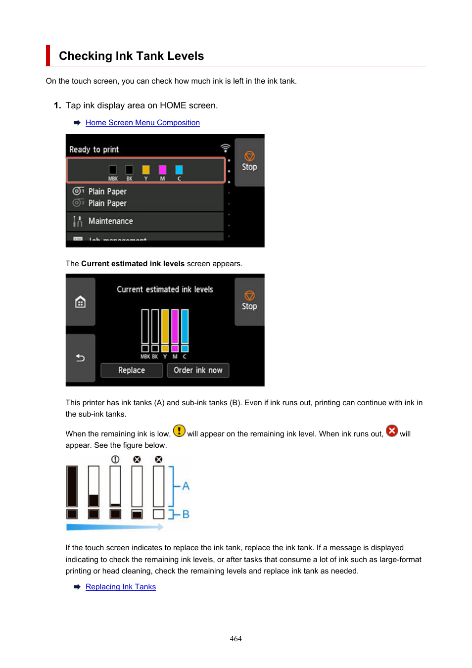Checking ink tank levels | Canon imagePROGRAF TX-3100 36" Printer with Basket User Manual | Page 464 / 1073